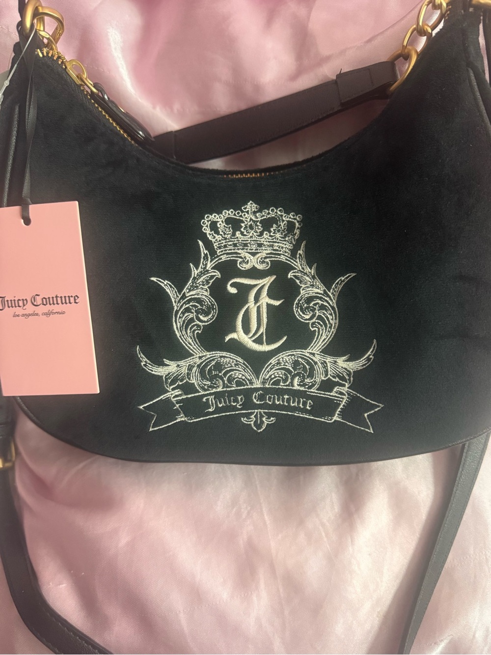 Juicy Couture Black Velvet Shoulder Bag with Silver Embroidered Crest